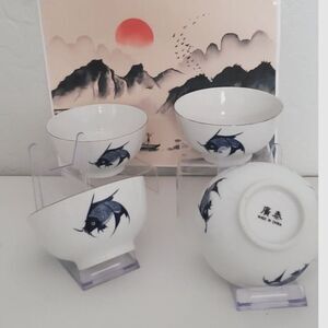 Small Ceramic Bowls Decorated Blue and White Chinese Koi Fish ~Vintage~ Set of 4